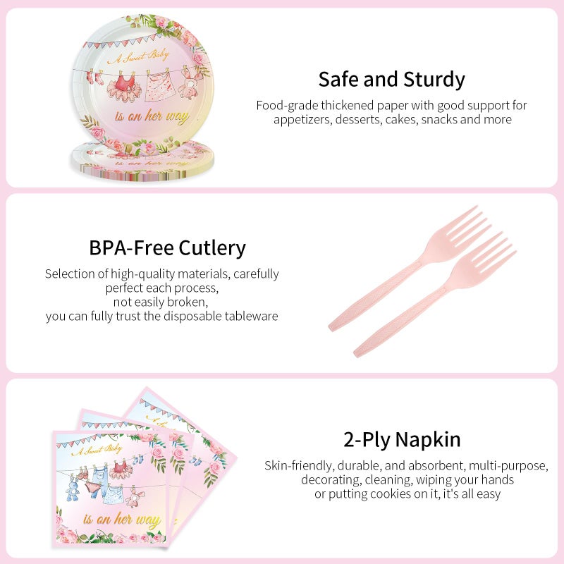 HFBOBP 75PCS Floral Baby Girl Shower Plates and Napkins Decorations Party Favors, 7Inch A Sweet Baby Is on Her Way Paper Dessert Plates Disposable Tableware Party Supplies - Image 4